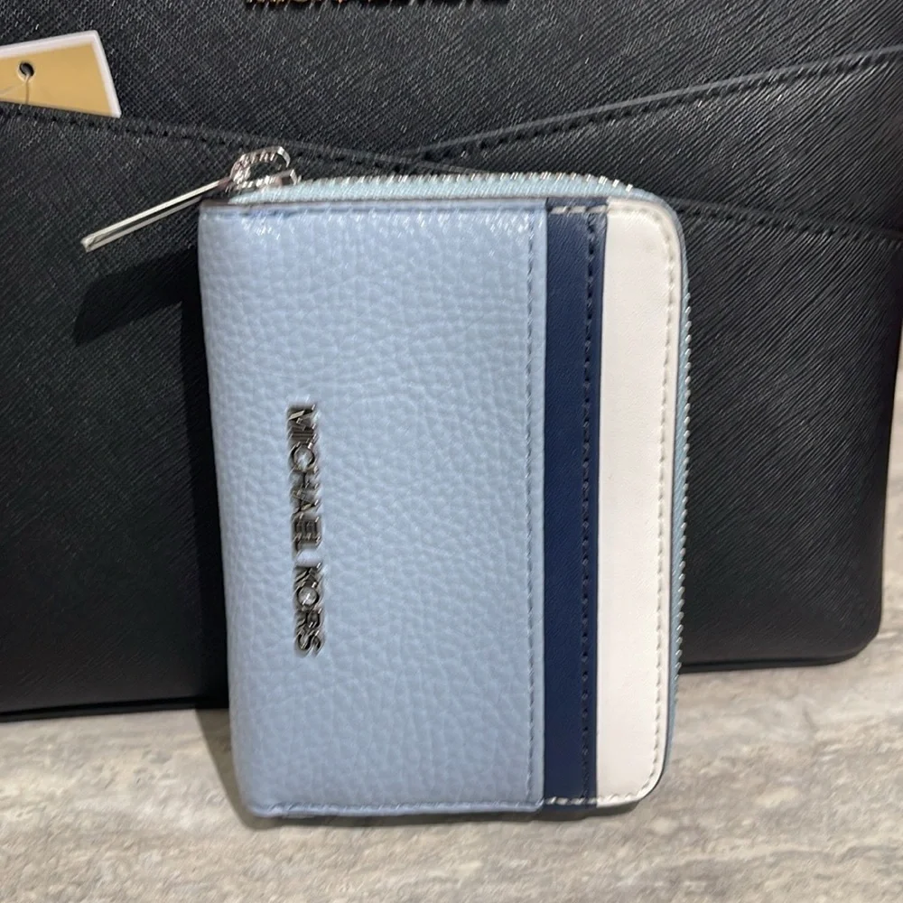 Michael Kors Jet Set Travel Medium Zip Around Color-Block Wallet Pale Blue Mult